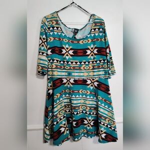 Vintage Aztec theme size 2XL women's dress fit & flare Boho Western Coastal
